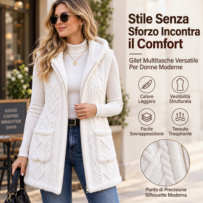 Gilet con cappuccio in pelliccia sintetica double-face da donna
