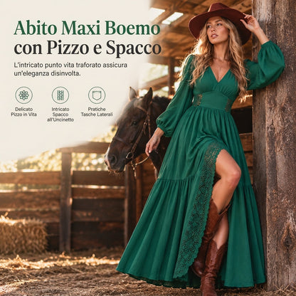 Maxi Abito da Donna Bohémien con Scollo a V, Maniche Lunghe, Patchwork in Pizzo, a Tornado con Tasche
