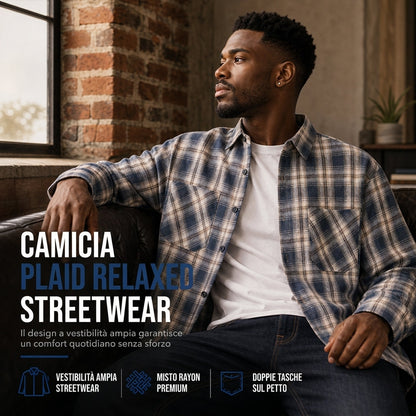 Camicia a quadri unisex casual, vestibilità morbida, con chiusura a bottoni per uomo e donna