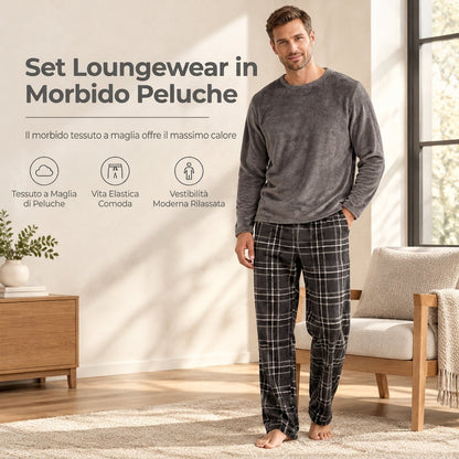 ✈Appena arrivati – ora senza spese di spedizione!✈Pigiama da uomo in morbido maglione peloso, set da lounge con top girocollo tinta unita e pantaloni a quadri