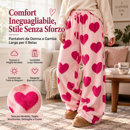 Pantaloni larghi in peluche con stampa di cuori per donna
