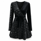 Abito bodycon da donna sexy con scollo a V, paillettes e orlo asimmetrico