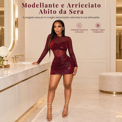 Abito aderente da donna con maniche lunghe in rete trasparente e patchwork, elegante abito da sera per feste