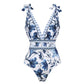 💃Special Sale 49% OFF🩱V Neck Lace Up Printed One Piece Swimsuit and Skirt