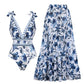 💃Special Sale 49% OFF🩱V Neck Lace Up Printed One Piece Swimsuit and Skirt